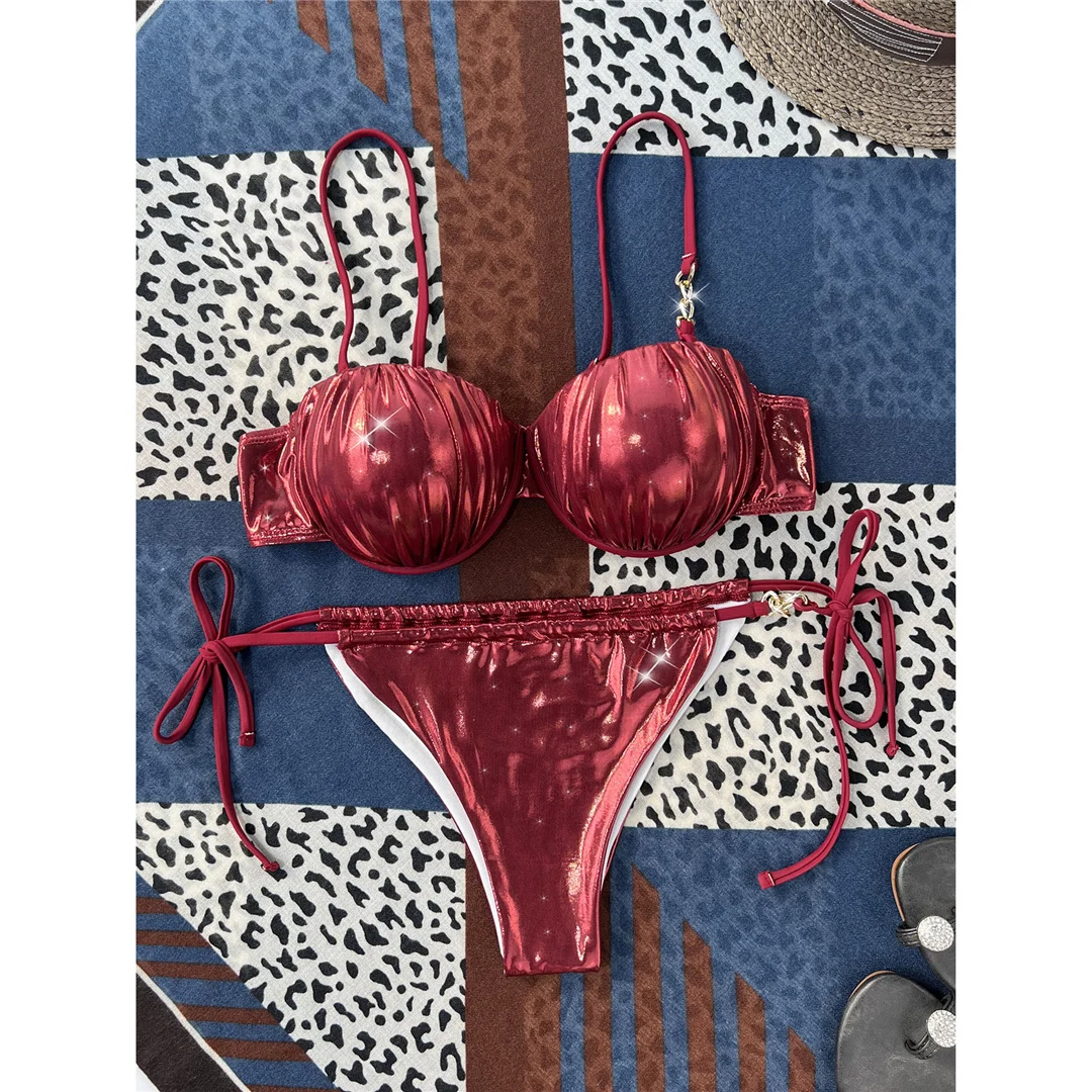 PU-Kunstleder-Bikini mit Bügel-BH und Cups, Damen-Badeanzug, zweiteiliges Bikini-Set, Badebekleidung, V5221 – Detail 9