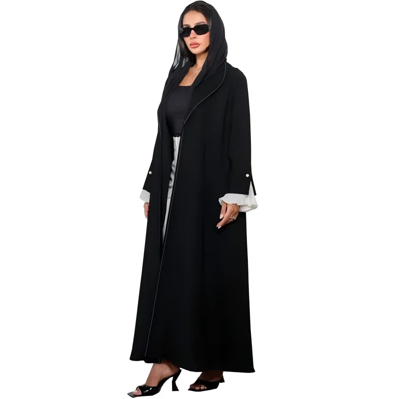 Modesto verão casual médio oriente feminino plissado artesanato jaqueta manga fenda poliéster abaya