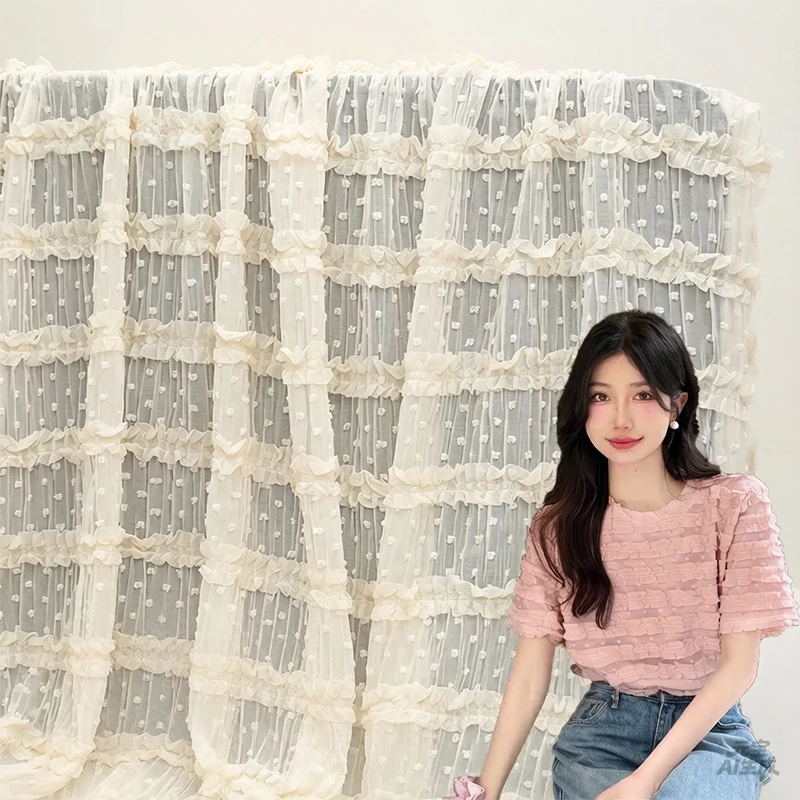 New Three-dimensional Striped Pleated Chiffon Hairball Point Fungus Edge Embroidery Fabric Women's Dress Hook Embroidery Fabric