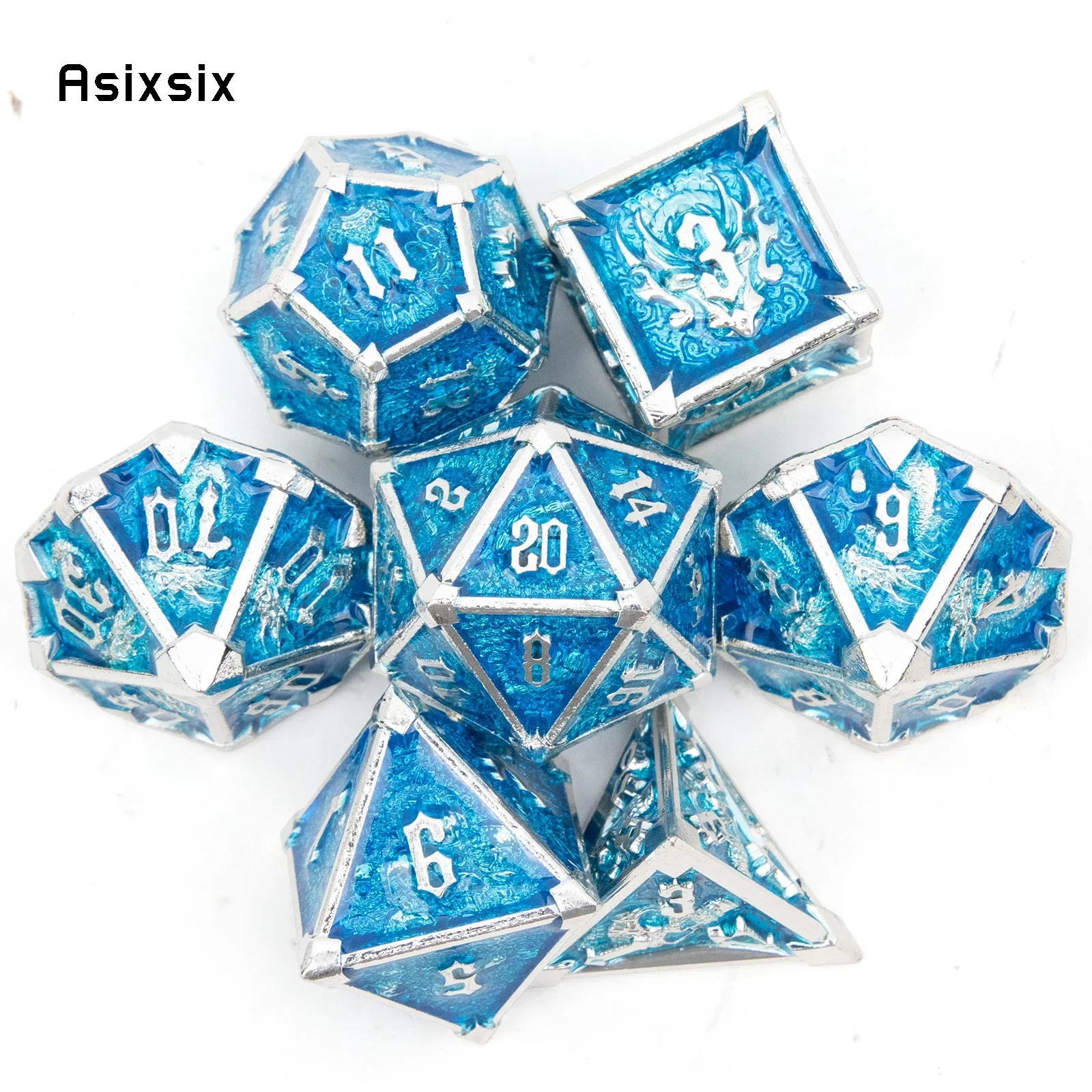 

7 Pcs Blue White Skull Metal Dice Solid Metal Polyhedral Dice Set Suitable for Role-Playing RPG Board Game Card Game