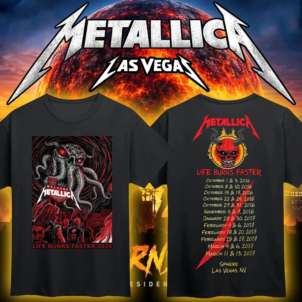 2026 Metallica Las Vegas Tour T-shirt Men Women Summer Cotton Clothing Hip-hop Fashion Oversized Short Sleeved Top Streetwear