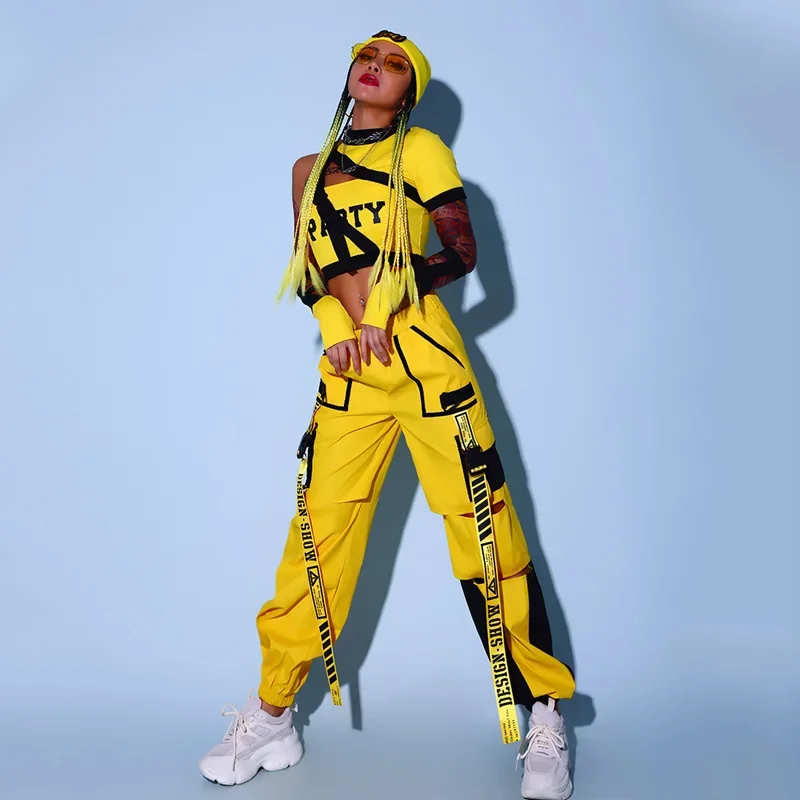 Jazz Dancer Outfit Women Hip Hop Dancewear Cheerleader Unidorm Stage Costume Yellow Cargo Pants Crop Tops DJ DS Clubwear DL8188