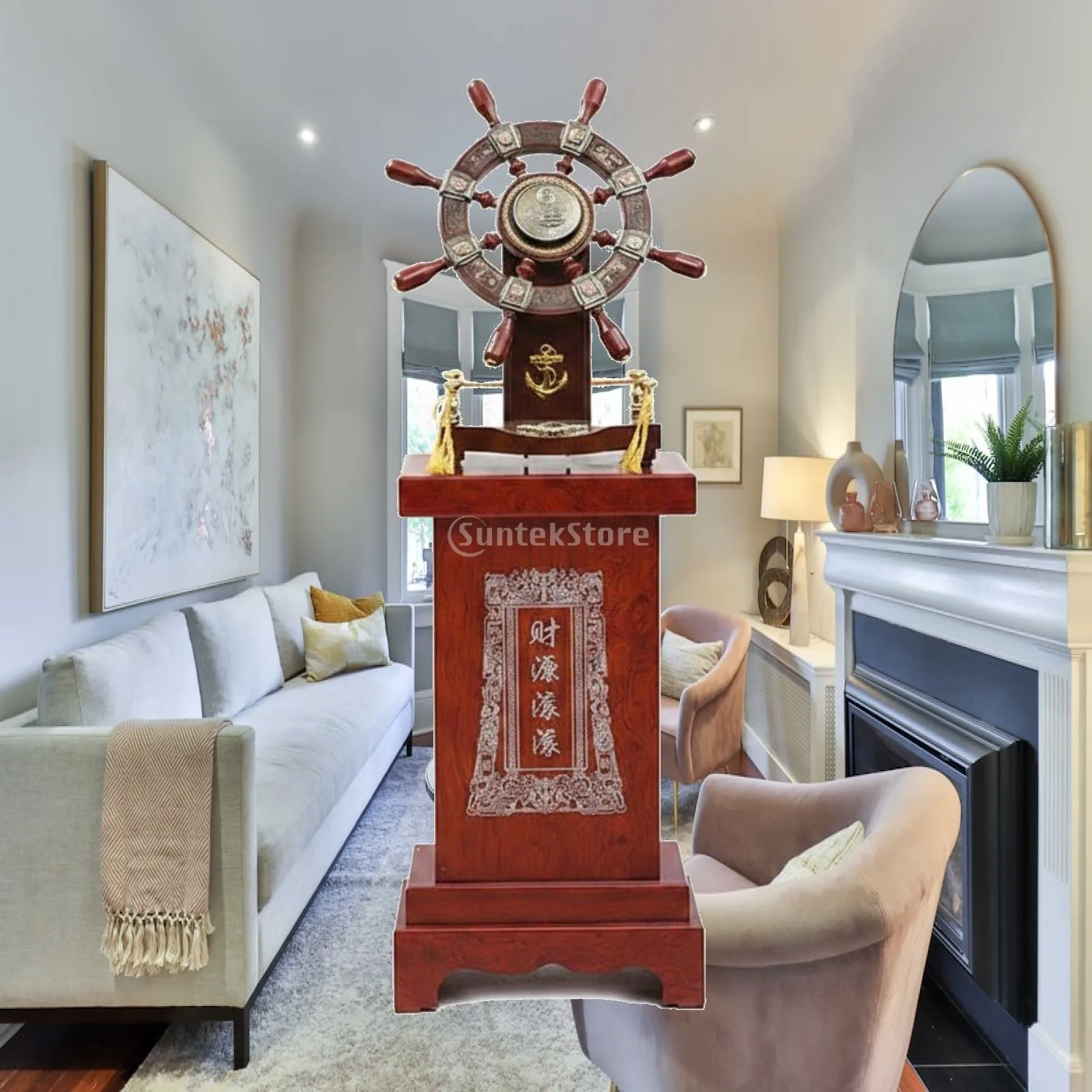 Decorative Wooden Ship Wheel Nautical Statue Tabletop Ornament for Office Shelf Home Coastal Style Decor Gift