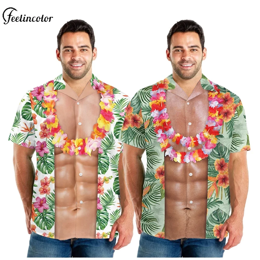 

Мужские гавайские рубашки с тропическим цветочным принтом, рубашка из двух предметов с короткими рукавами и принтом на груди, забавный топ для пляжной вечеринки, одежда для отпуска