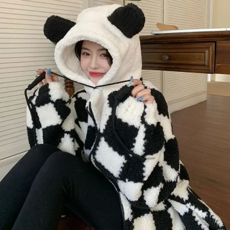 

Kawaii Zip Up Loose Y2k Hoodies Women Winter Thicken Checkerboard Harajuku Bear Ears Cute Female Sweatshirt Oversized Coat Kpop