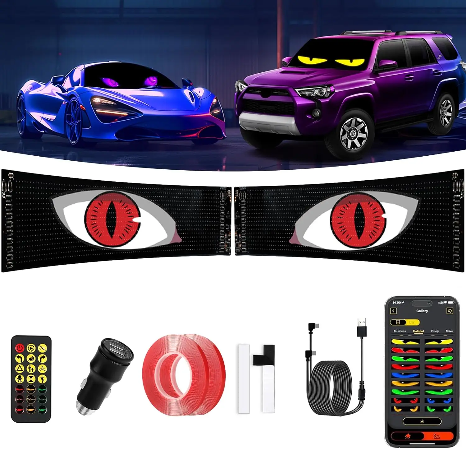 

Devil Eyes Light for Cars, 2-Pack LED Animated Scrolling Display, Flexible 14.7x3.6 in Screen, APP/Remote Control, Perfect Sync
