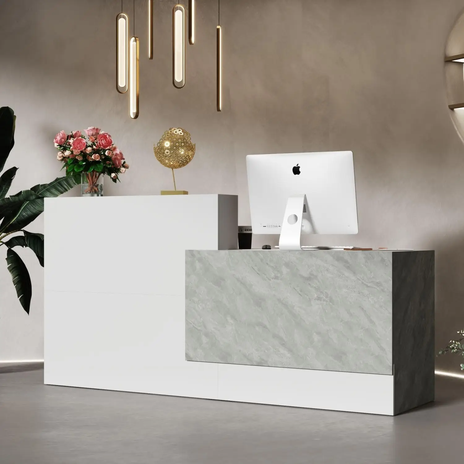 Reception Desk with Shelves,Modern Reception Table with Storage,Front Counter Table Checkout Table Retail Counter,White and Grey