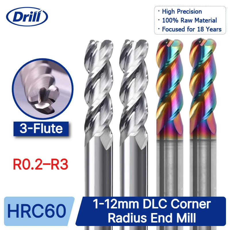 3-Flute Carbide Corner Radius End Mill HRC60 DLC, R0.2–R3 Sizes 1-12mm, CNC Bullnose Cutter for Aluminum