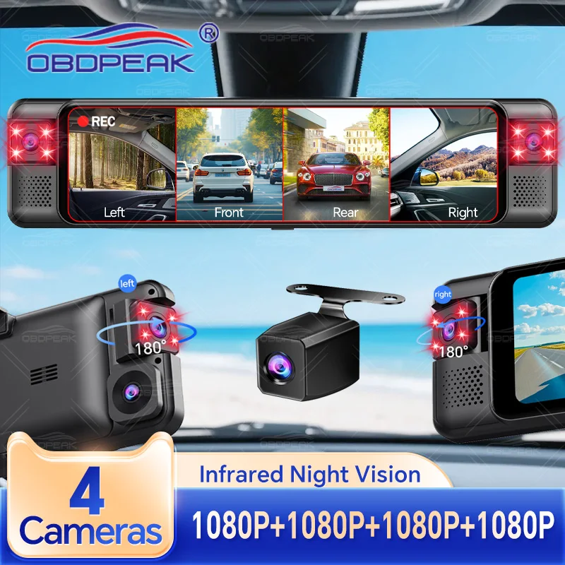 Cámara para Auto de 11 Pulgadas y 4 Canales, DVR 1080P HD con Visión Nocturna, GPS, WIFI, Grabador de Video 360, Cámara Trasera Opcional con Imagen de Reversa ﻿   Video 360