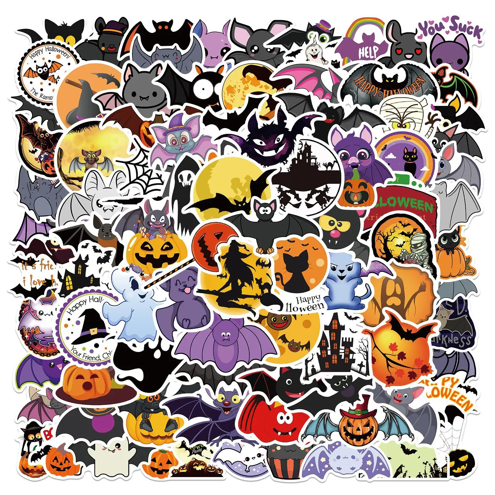 

100pcs Halloween Bat Stickers Ghost Stickers Personality Decoration Pumpkin Trunk Stickers Halloween Wall Decoration Stickers