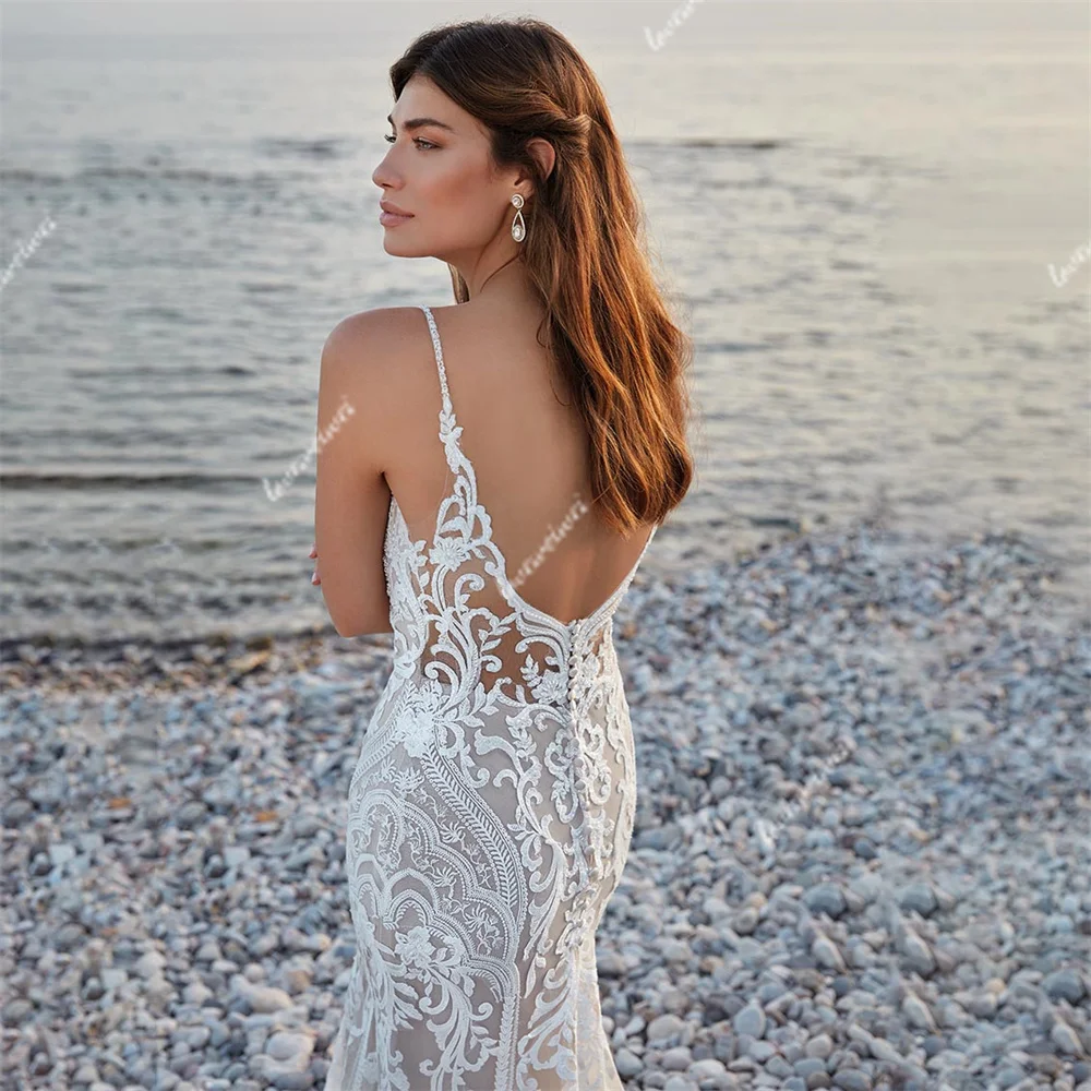 Meerjungfrau Boho Brautkleid V-Ausschnitt Knopf rücken frei Strand Braut Kleider Spitze Applikation wunderschöne Brautkleider Vestido de Noiva