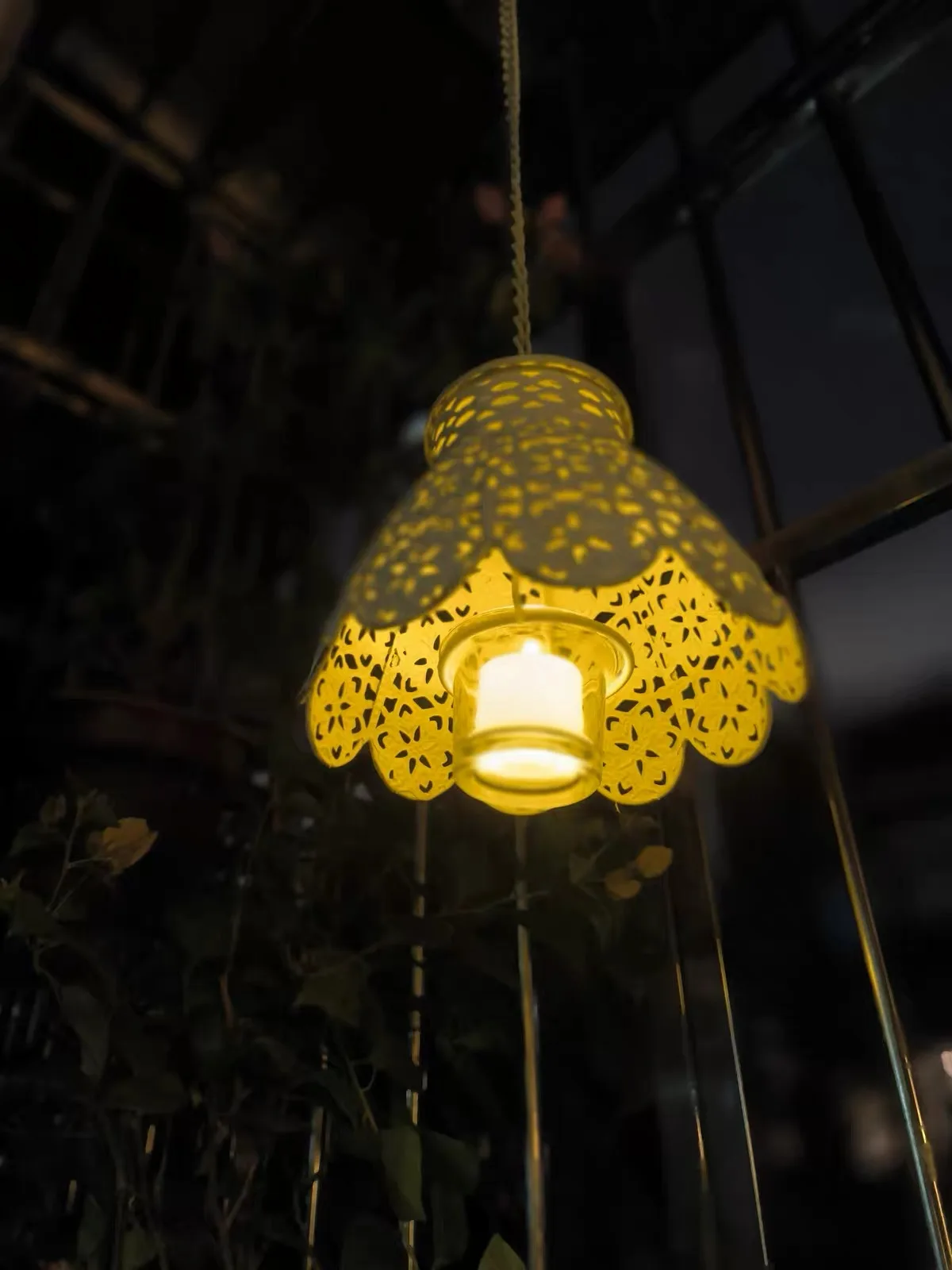 

Vintage White Metal Pendant Light Shade, Floral Cutout Pattern, Distressed Finish, Hanging Lamp Cover with Candle Holder