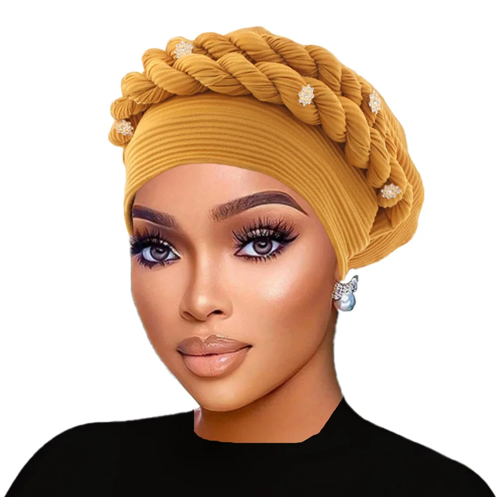 

Muslim Women Diamonds Hijab Hat Double Braid Turban Chemo Caps Female Beanie Bonnet Hair Loss Cover Head Wrap Scarf Turbante New