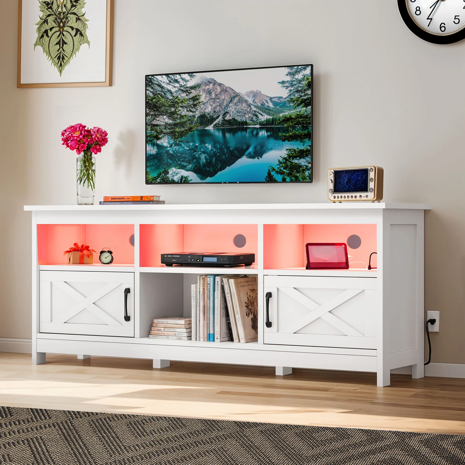 

TV Stand with Power Outlets LED Open Shelves for 65 In TVs