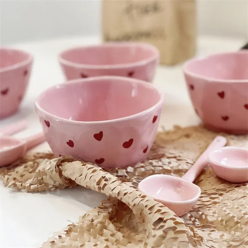 Pink Love Cutlery Set Rice Bowl Household Ceramic Double Ear Instant Noodle Soup Bowl Hand Paired Spoon Combination Noodle Bowl