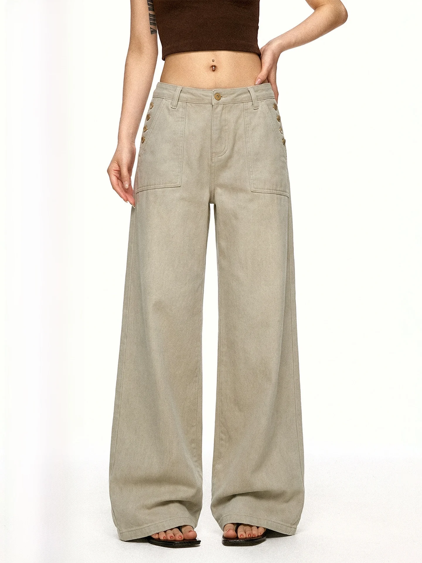 Khaki Wide Leg Jeans Women's Loose Straight Floor-Length Pants Spring Autumn New Style Aaisup Retro Loose Drape Versatile Jeans