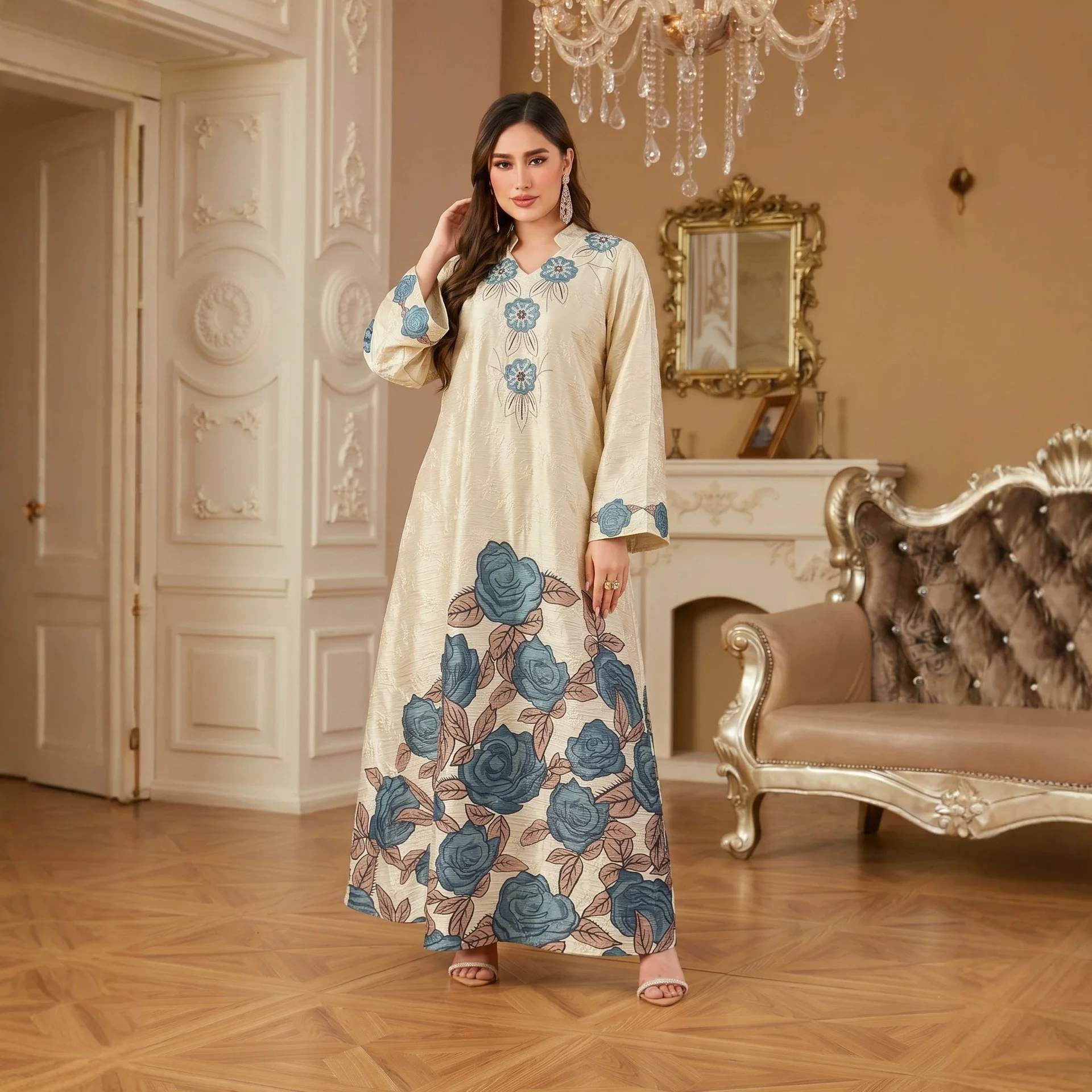 

Ad260309 New Women's Jacquard Beaded Lady Clothes Loose Fit Printed Dress Long Dress Robe Abaya Ramadan Dubai Luxury Islam Elega