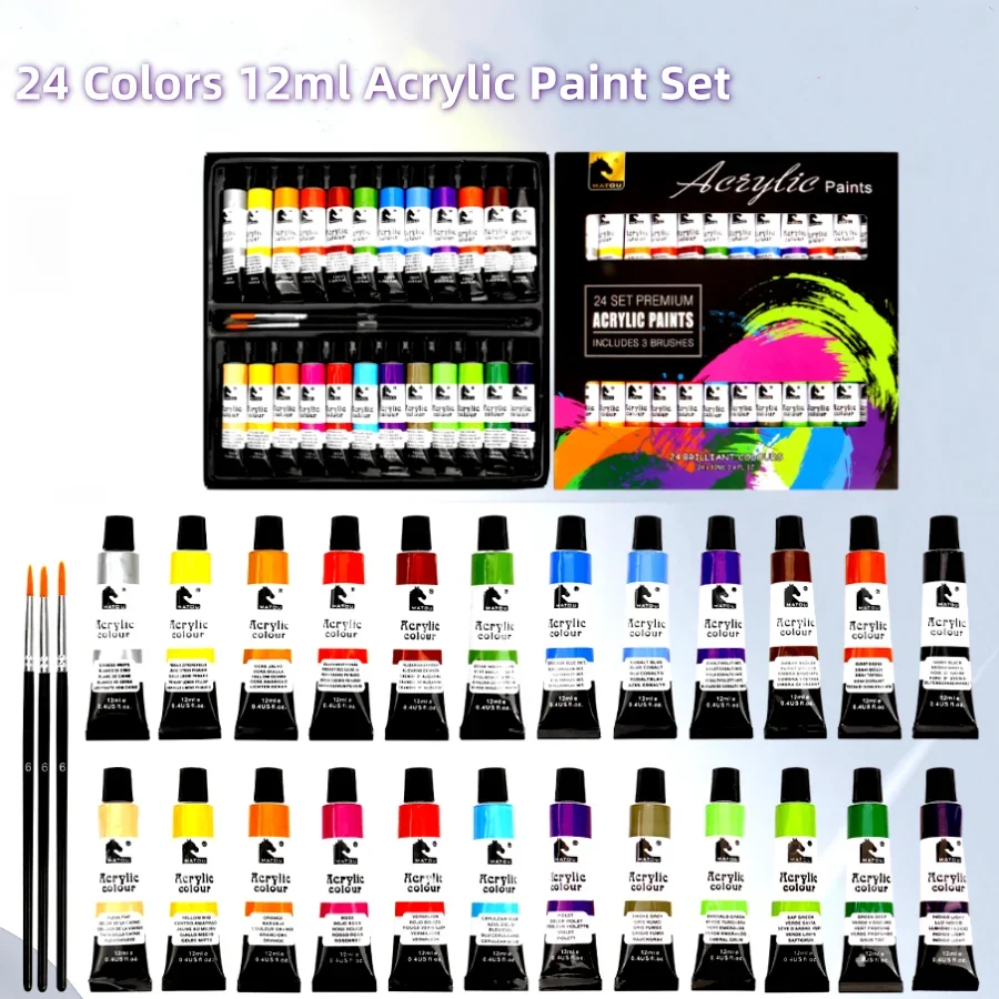 24 Colors 12ml Acrylic Paint Set Graffiti Painting Paint Hand Painted Wall Painting Textile Paint with Brush Art Supplies