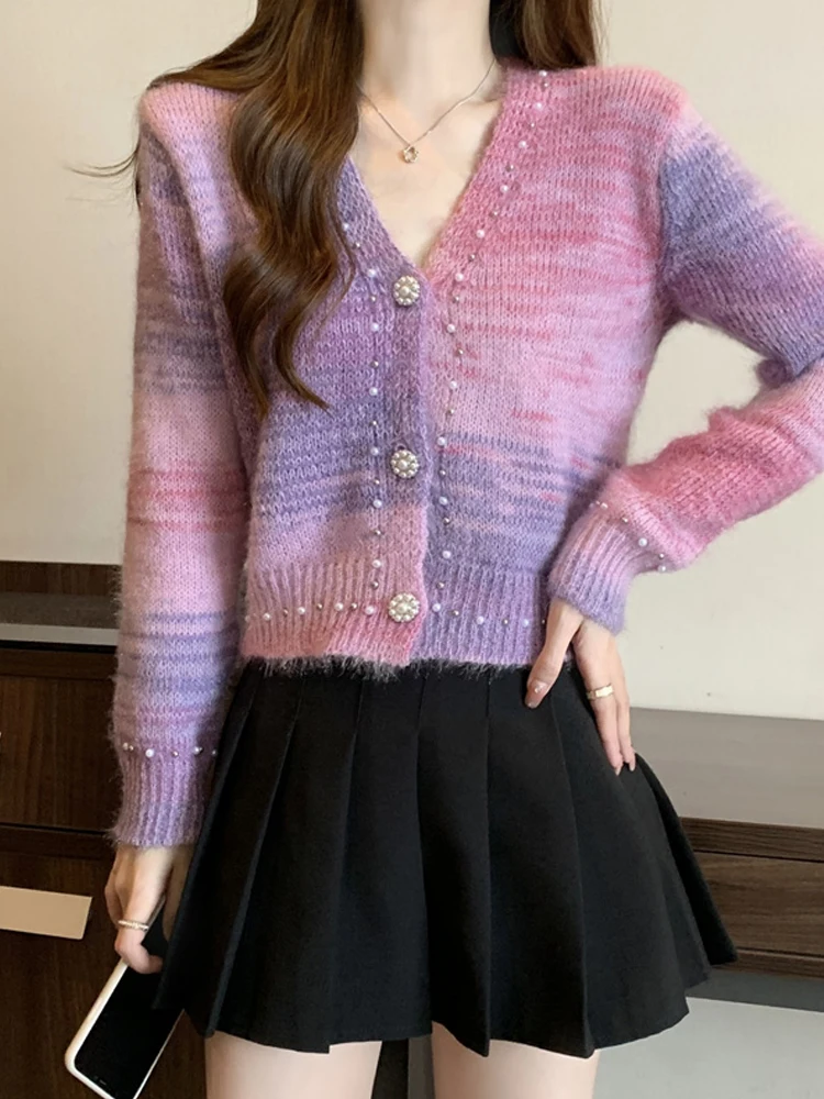 

aduated Color V-Ne Knitted Sweater Women's ort Sle Soft Cozy Autumn New Faion Unique Sweet Outerwear Cardigan