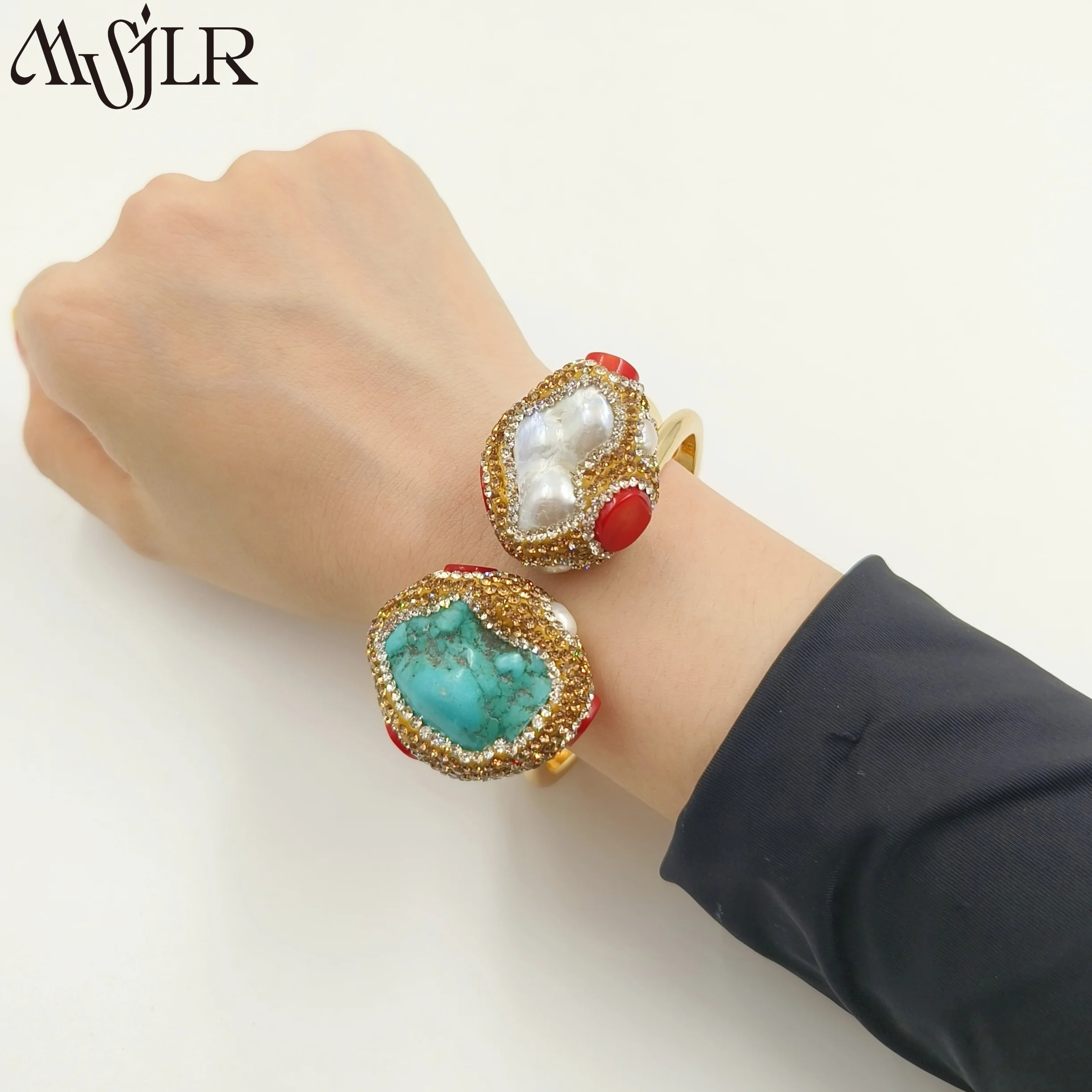 

MVB075 Оптовая продажа, модный женский браслет с бирюзой и жемчугом, золотой гальванический регулируемый аксессуар, элитные ювелирные изделия в стиле ретро