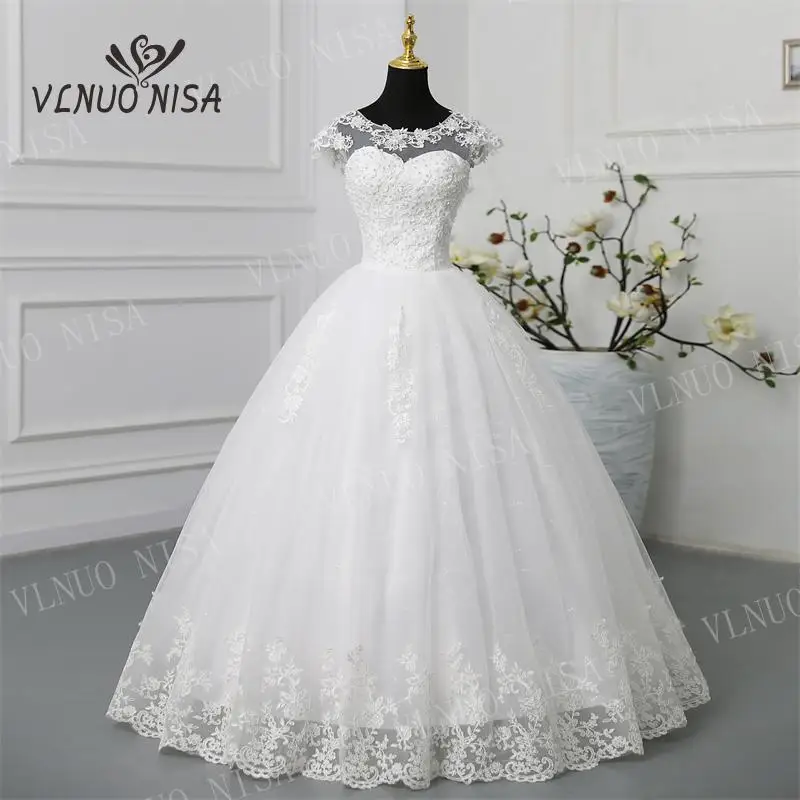 2023 New Robe De Mariee Grande O-Neck Wedding Dress Appliques Pearls Lace Cap Sleeve Princess Plus Size Vintage Bride Gowns