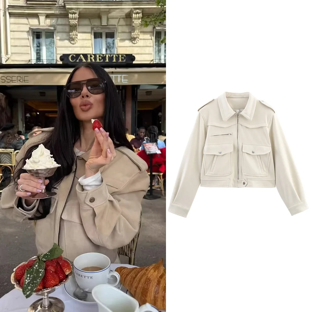 

PRINTKAOIR Vintage Women's Short Jacket Pockets Zipper Full Sleeve Khaki Green Thick Coats 2025 Autumn Lady Loose Street Outwear