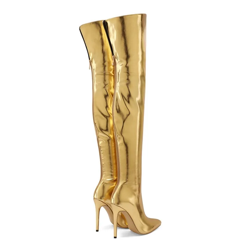 Botas por encima de la rodilla con cremallera trasera para mujer, tacones altos puntiagudos, moda europea y americana, botas largas, Sexy, color dorado y plateado, talla grande 34-43