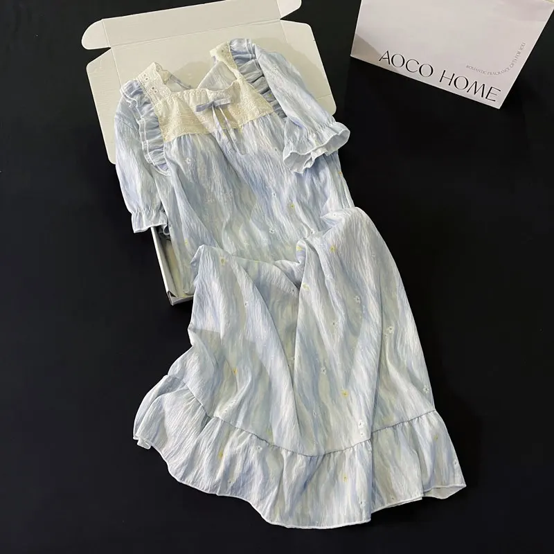 DAIMELU Lady pajamas women's summer pure cotton short-sleeved pajamas square collar princess style with chest pads Nightgowns