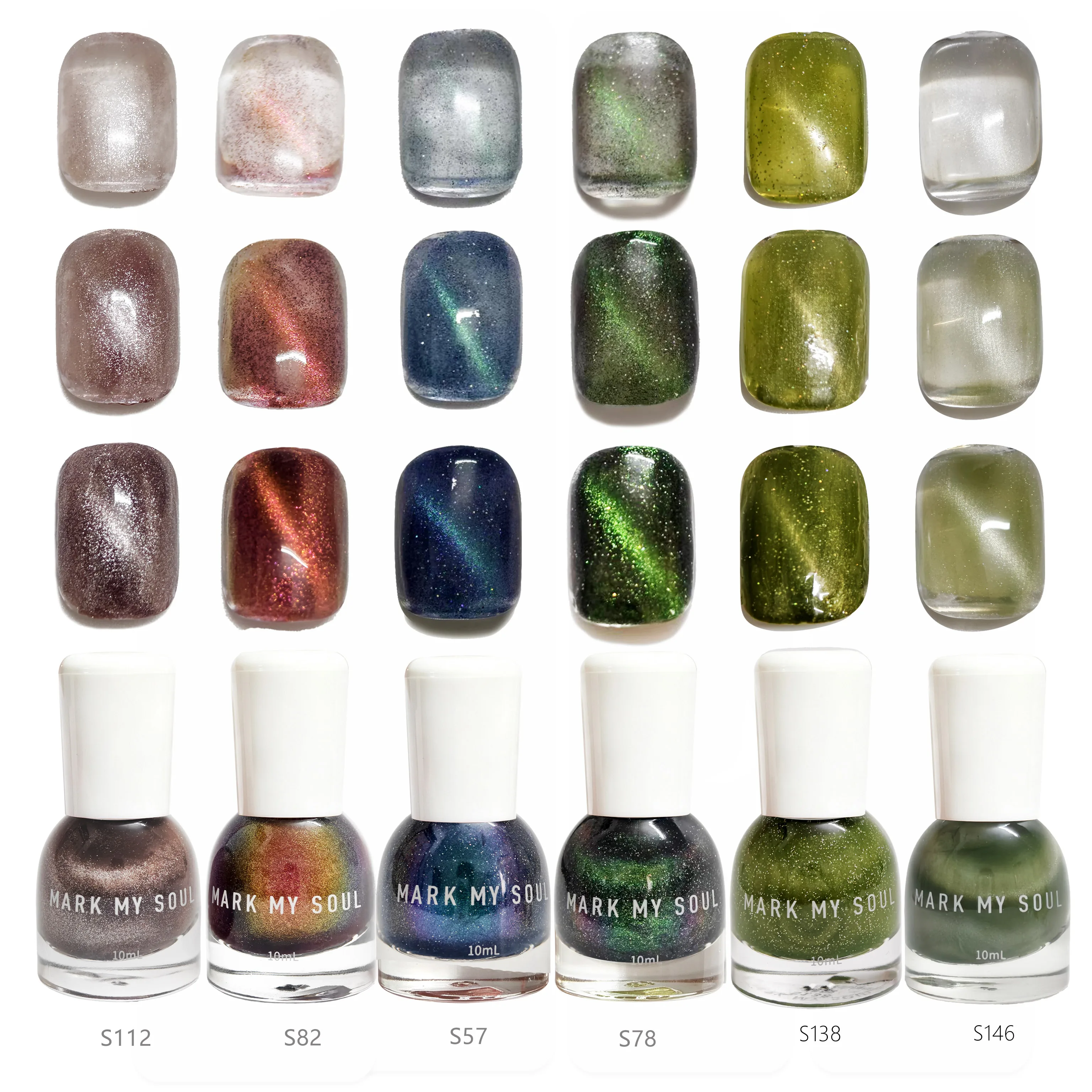 6Pcs Forest  style Magic  Green Luminous Cat Eye Nail Polish Kit, MARK MY SOUL No  cure Nail Lacquer S112/S82/S57/S78/S138/S146,