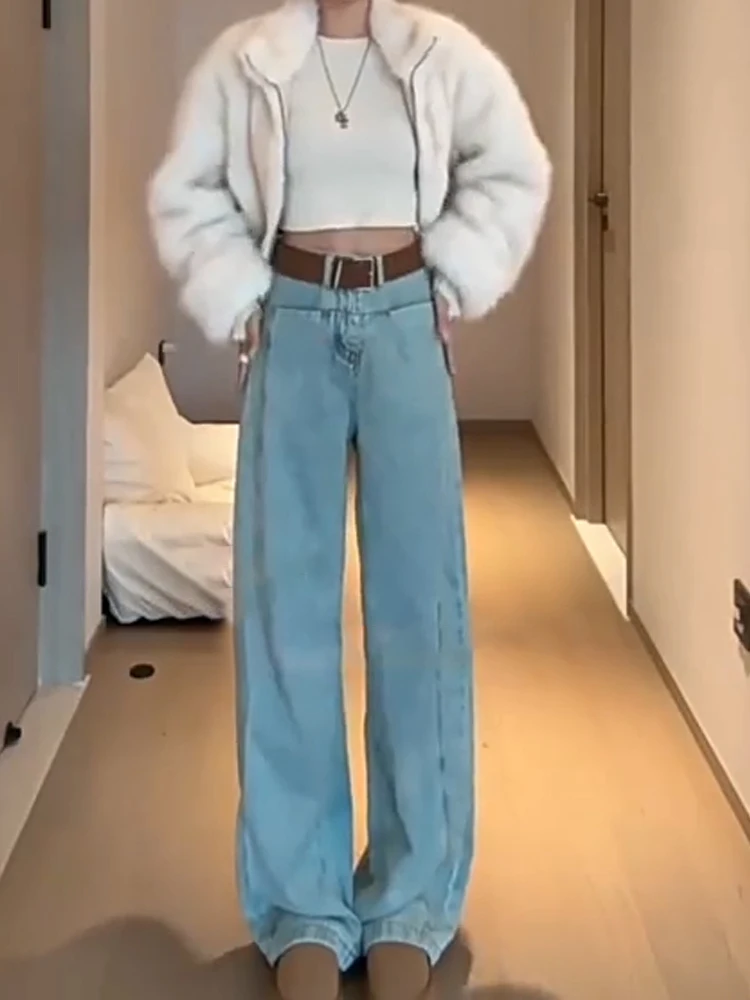 

High Waist Thiened Fce Wide Leg Blue Jeans Women's Loose Straight Floor-Length Pants Slimming Effect Autumn Winter