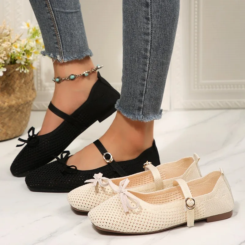Women's Spring and Autumn New Breathable Mesh Design Mary Jane Shoes Versatile Skinny Square Toe Flats