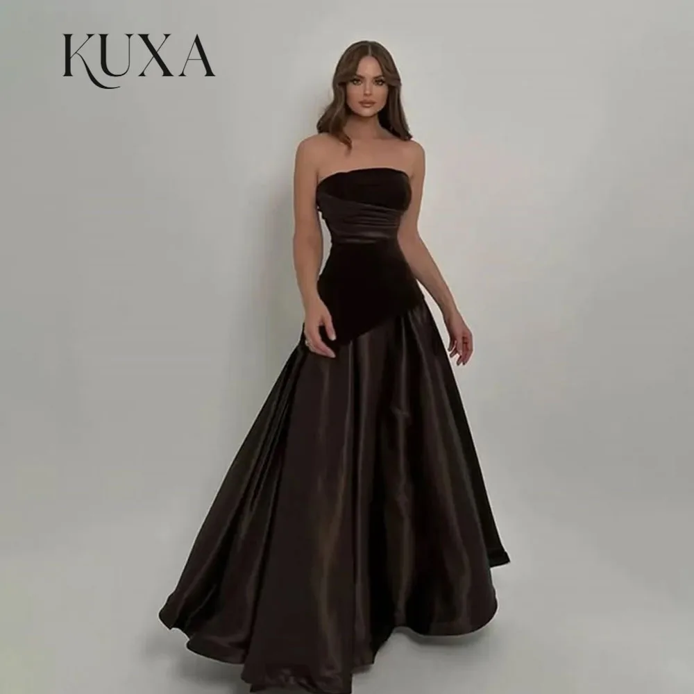 KUXA Customized Modern Strapless Formal Evening Dresses For Women Arabic Prom Dress A-line Sleeveless Floor-Length Party Gowns