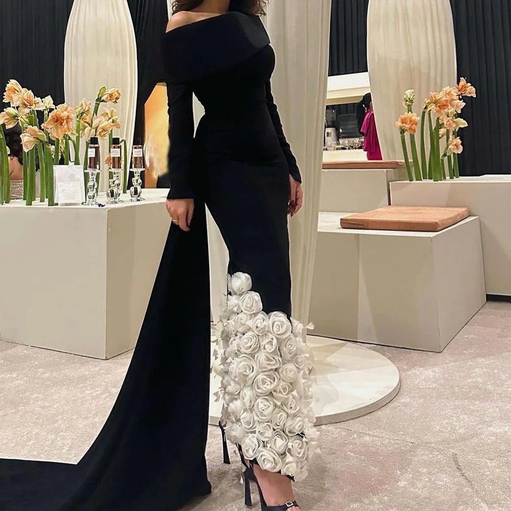 

Exquisite Boat Neck Jersey Off the Shoulder Sleeveless Straight Evening Dress Watteau Train Pleats Side Slit Floor Length