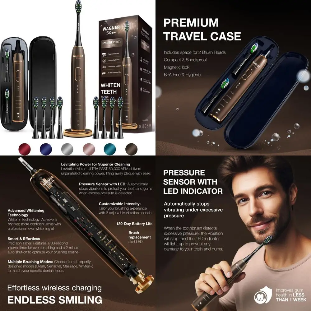 

Отбеливающая электрическая зубная щетка с датчиком давления, 4 режима, 3 уровня интенсивности, 8 насадок, дорожный футляр