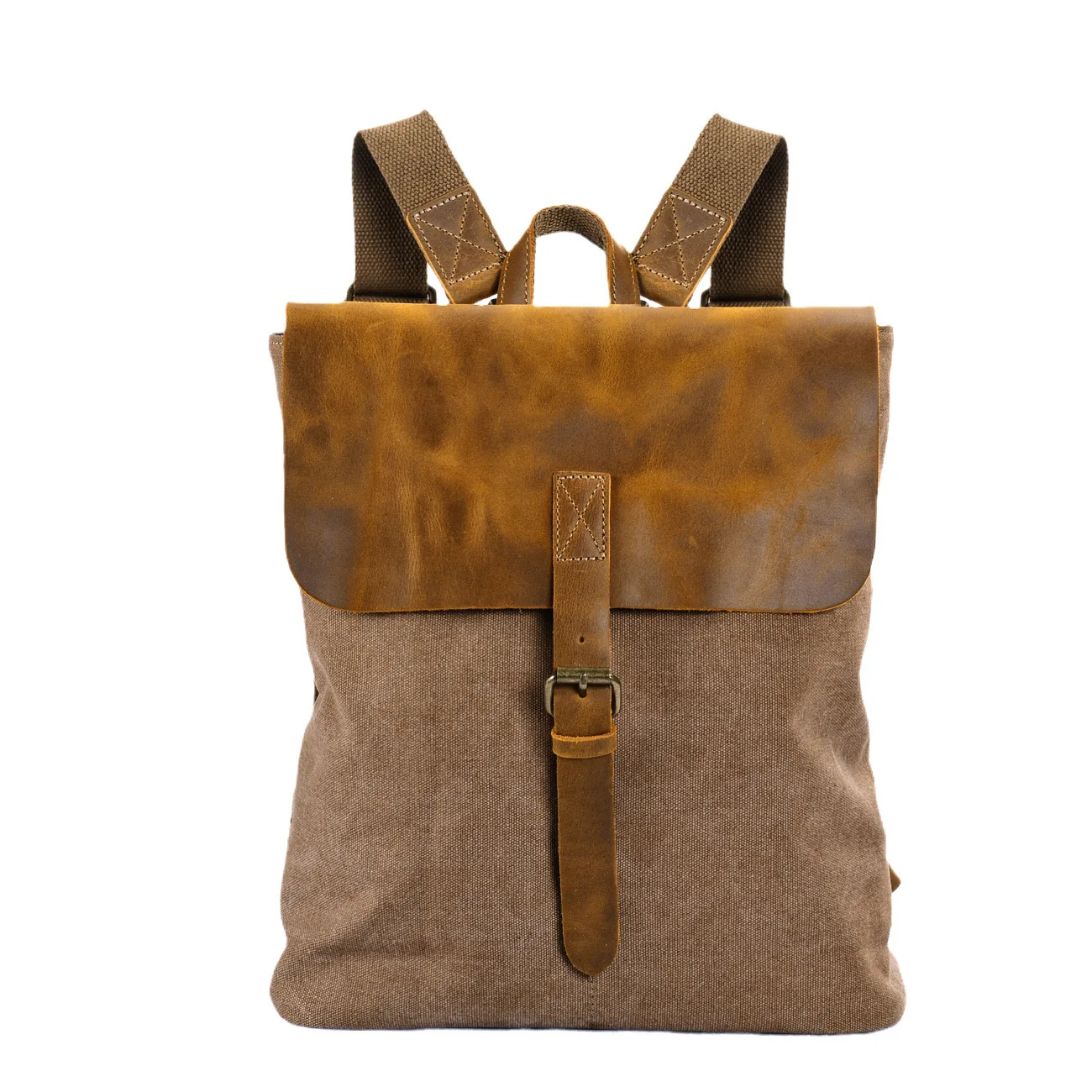Simple female student schoolbag, canvas backpack, cowhide women's splicing Japanese and Korean retro