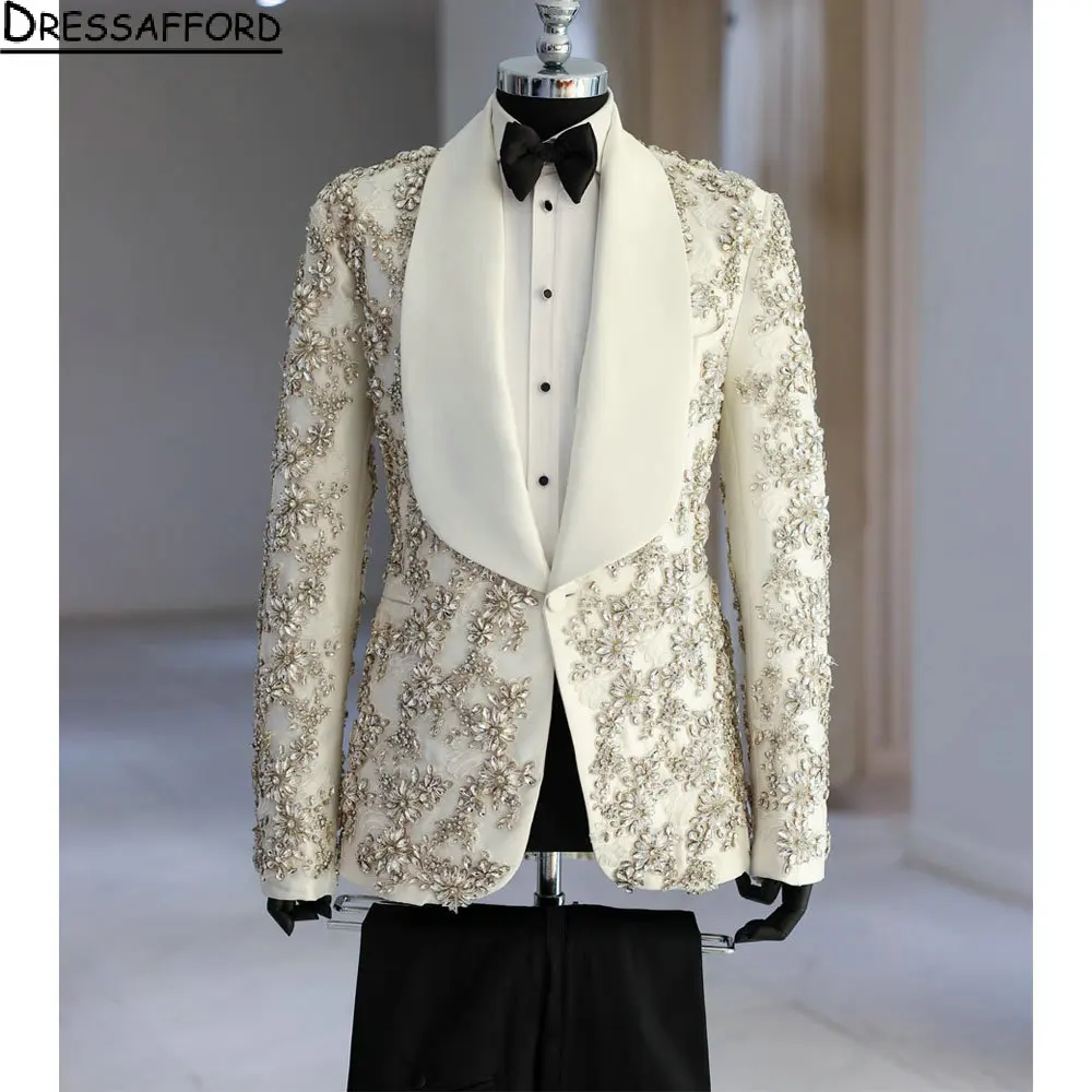 Luxurious Floral Diamonds Crystal Men Suits 2 Piece New Fashion Business Casual Wear Party Wedding Groom Tuxedo Jacket And Pants