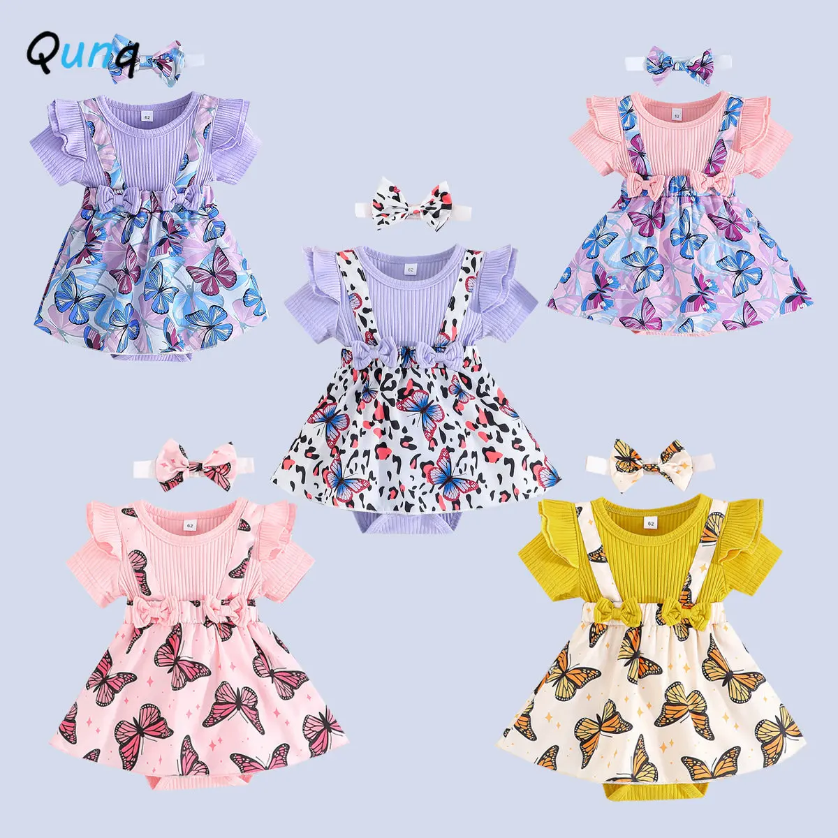 Qunq 2023 Summer New Newborn Baby Girls Lovely Butterfly Print Ruffled Short Sleeves Jumpsuit Casual Children Clothes Age 1T-3T