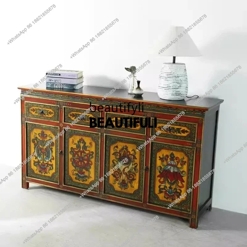 ss8350 Vintage painted, side cabinet, Tibetan-style solid wood painted porch cabinet, storage, Chinese locker