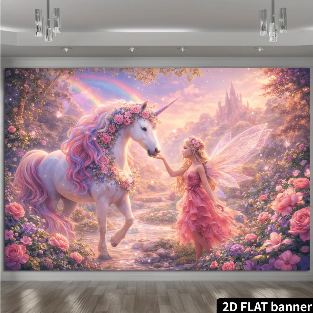 Unicorn Fairy Tapestry - Fantasy Rose Garden Wall Art, Magical Creature Decor, Girls Bedroom Hanging, Polyester, Multiple Sizes