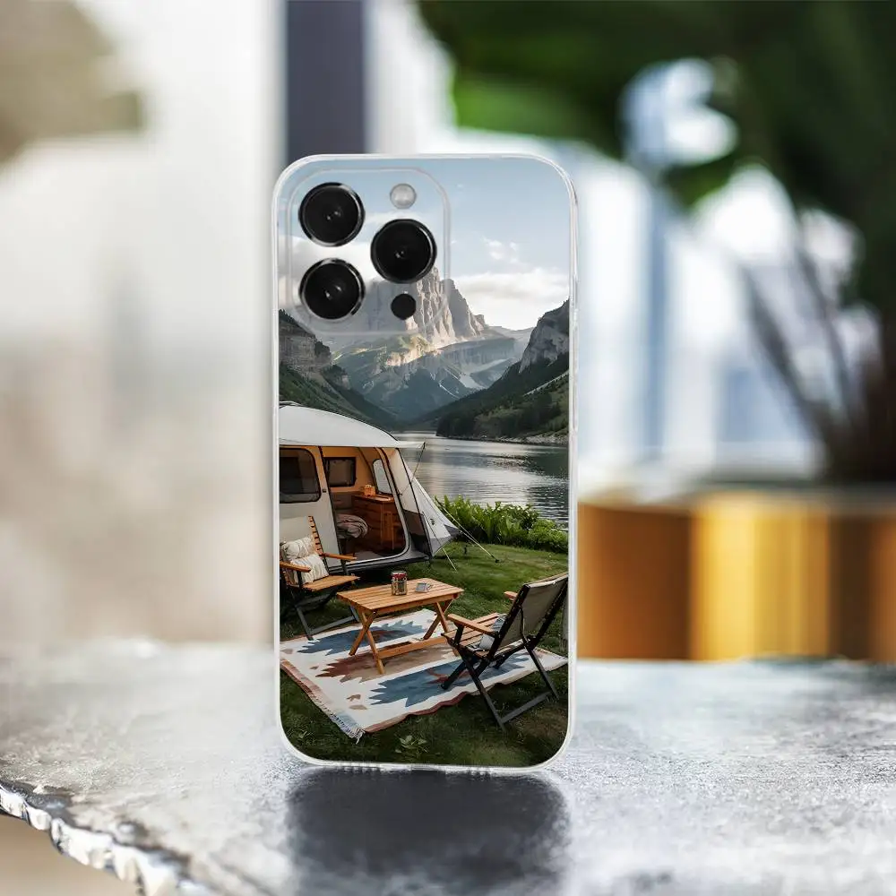 Funda de teléfono para acampar al aire libre de montaña para iPhone 16,15,14,13,12,11 Pro,Max,Plus,X,XS,XR,SE,Mini cubierta suave transparente