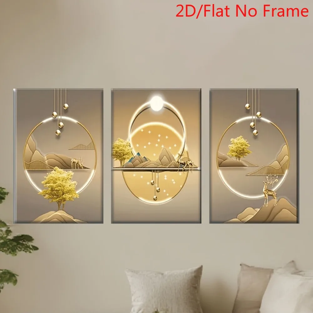 2D Flat, 2D/FLAT Frameless, 3pcs Set Tree and Mountain Image, Artist Painting Set, Library, Office, Living Room, Bar, Abstrac