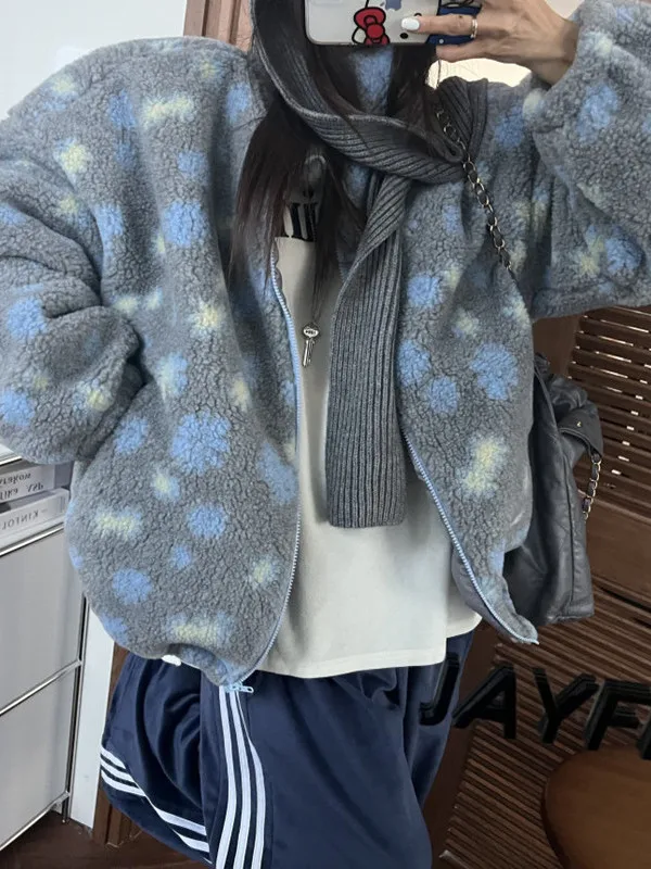 

Ladies Loose Fit Lamb Fur Jaet Winter New Sle Floral Design Lazy Chic Faionable Korean ort Coat Polyester Fiber