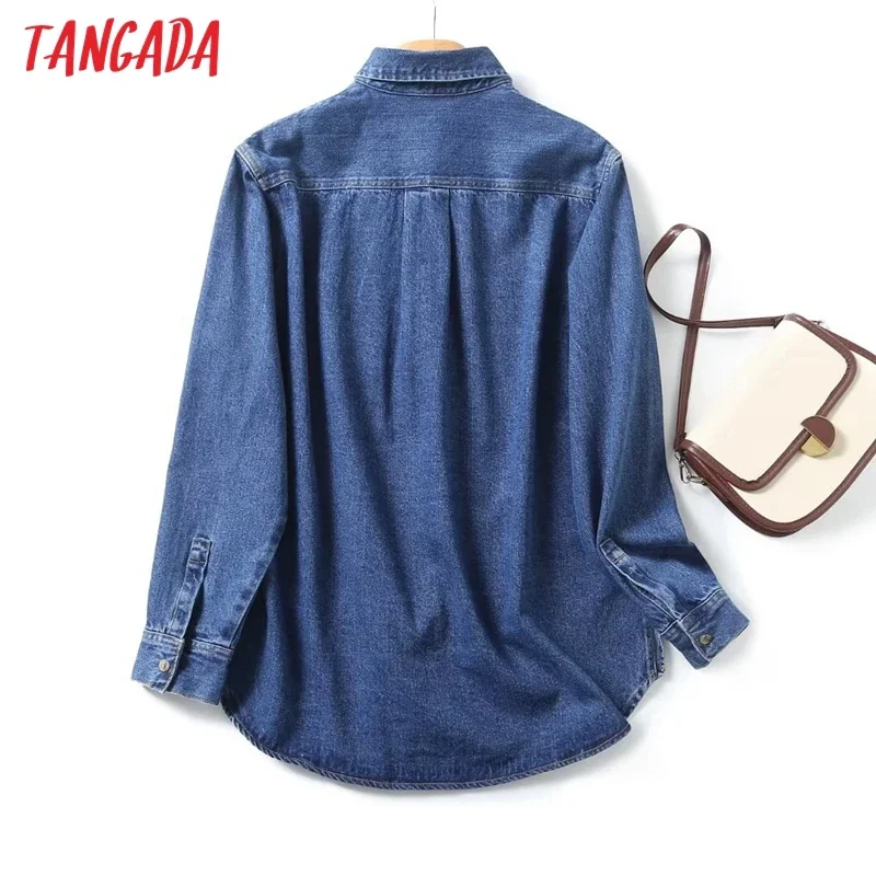 Tangada 2024 Women Blue Oversized Denim Shirt Long Sleeve Female Blouse Tops 4C122