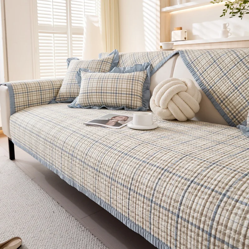 Cotton Quilted Sofa Cushion Solid Color Non-slip Couch Cover Breathable Anti-scratch All Season Universal Washable Sofa Pad