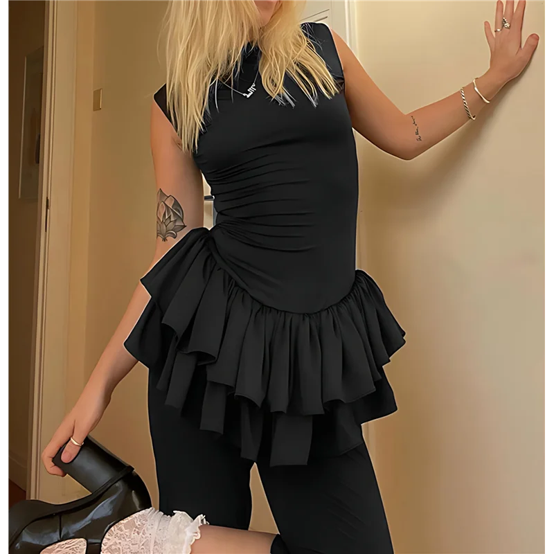 เดรสสั้นรัดรูปทรงบอดี้คอนสำหรับผู้หญิง รุ่น A83F แขนกุด แต่งระบายชายระบายหลายชั้น