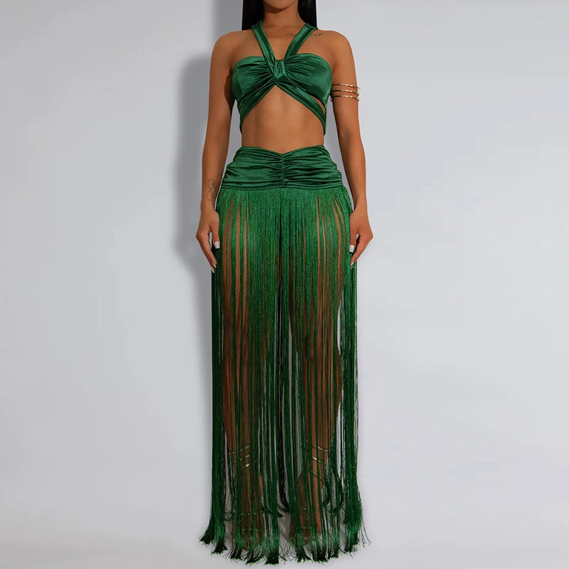 Conjuntos de Dos Piezas Elegantes para Mujer, con Borlas y Diseño Calado, Trajes Casuales sin Mangas para Baño o Fiesta, Conjuntos Sexys con Top Corto y Falda Larga