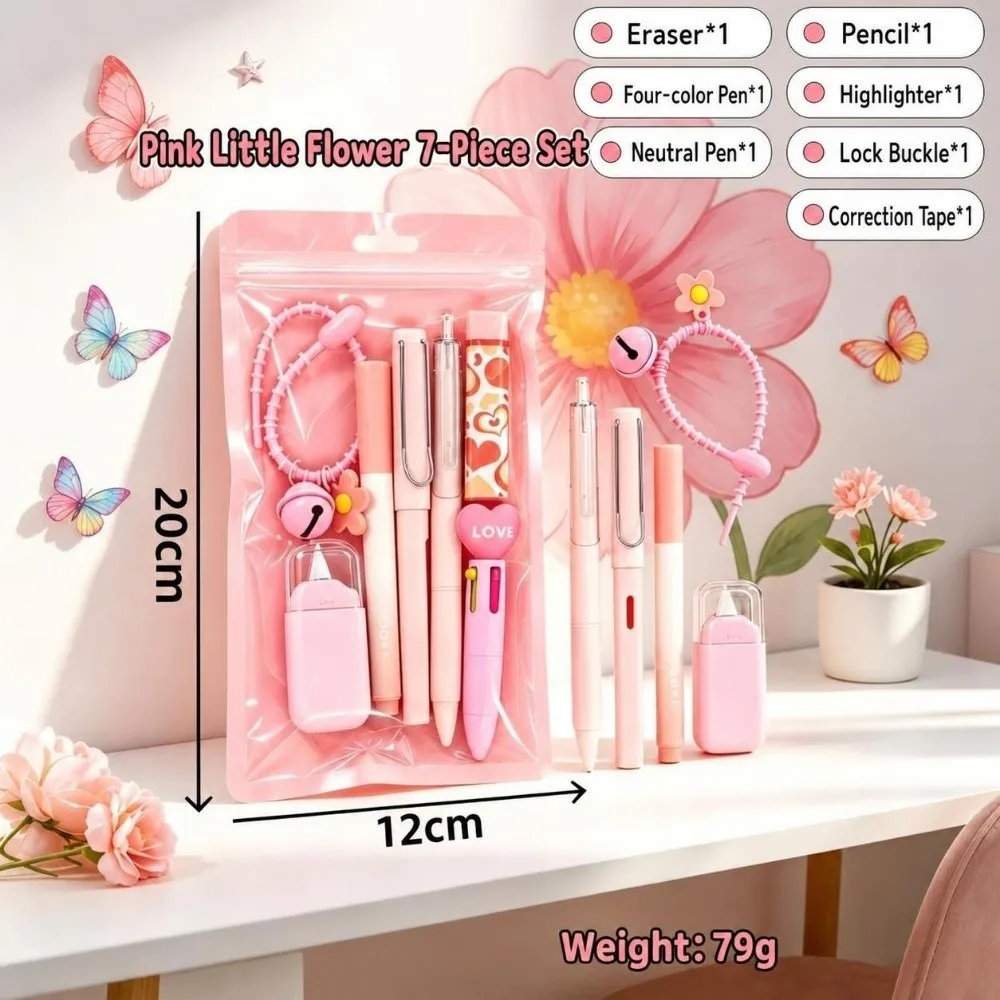 Portable 7-in-1 Flower Stationery Set with Keychain Multi Color 7 in 1 Pen Set Multi-color Ballpoint Pen Set School Supplies