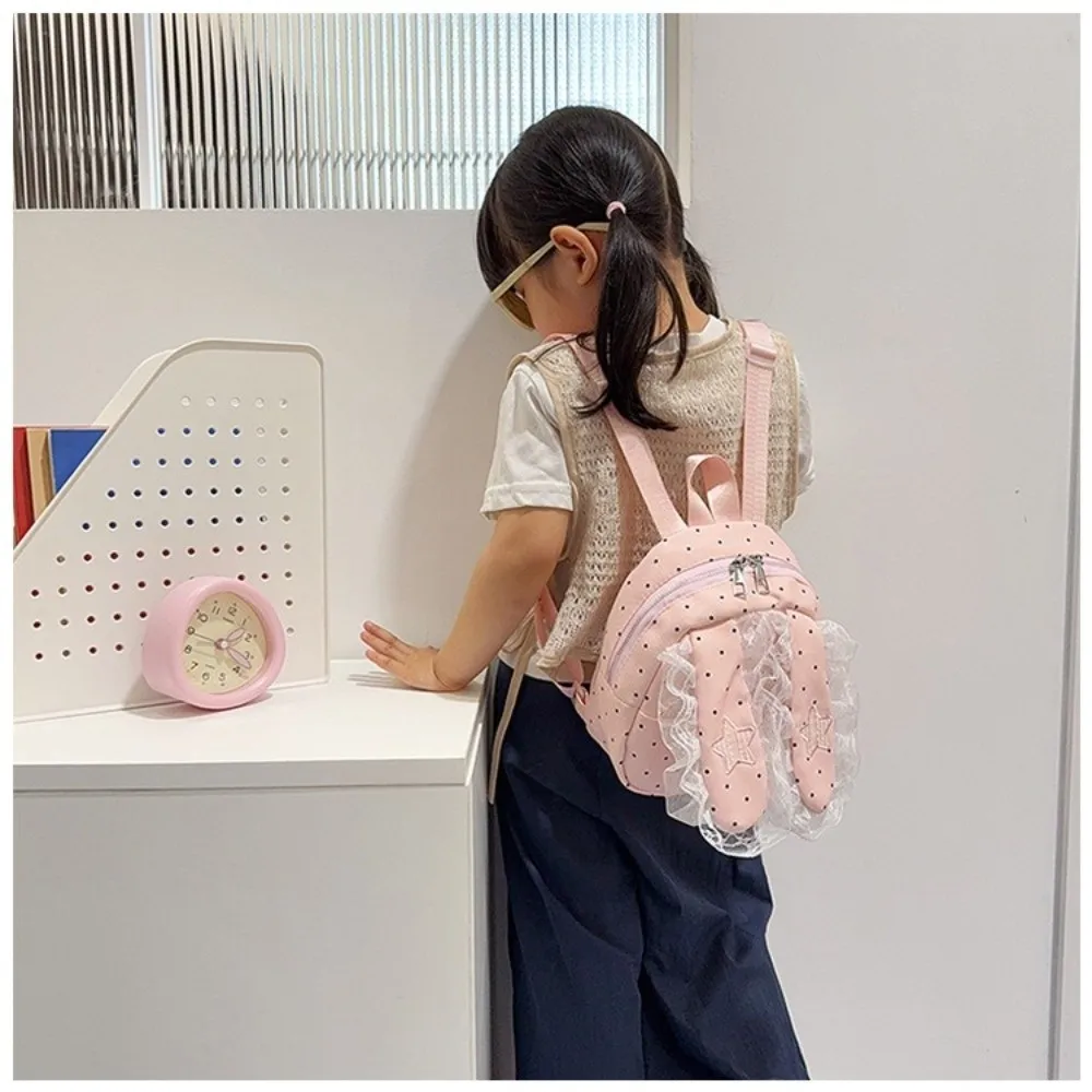 New Polka Dot Bunny Ear Lace Backpack Large Capacity Lightweight Lace Ruffle Backpack Cute Shoulder Bag Women and Girls