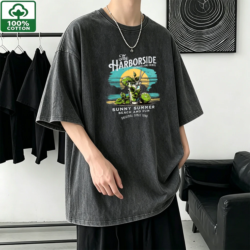 Cotton Vintage Washed T-Shirt Men's The Harborside Cocktail Print Outdoor Casual Loose Distressed Short Sleeve Tee Streetwear