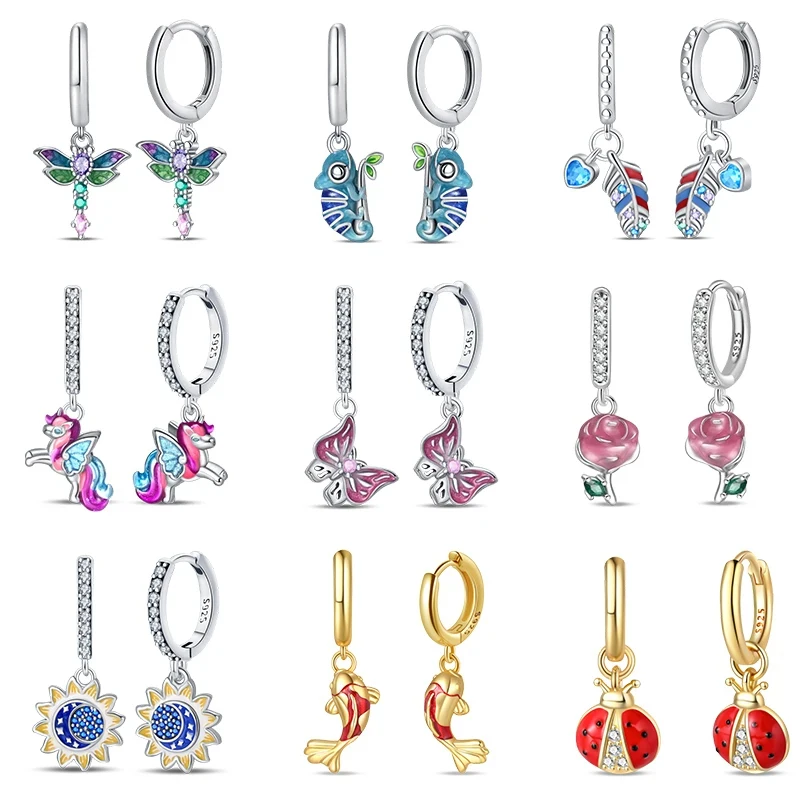 Женские серьги-бабочки в виде хамелеона и стрекозы, серебро 100% пробы